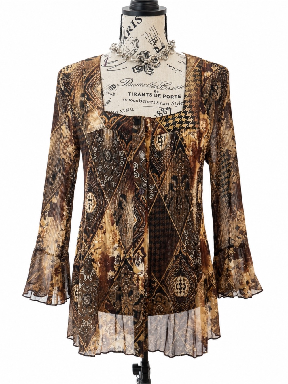 Women's Brown Patchwork Sheer Long-Sleeve Tee - Boho Print